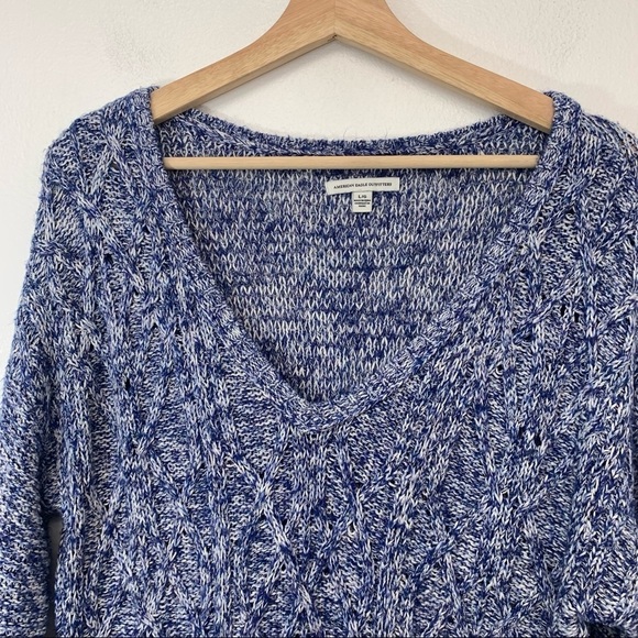 Americal Eagle WomansV Neck Sweater Large Blue White Cotton Blend Loose Knit - Picture 2 of 9
